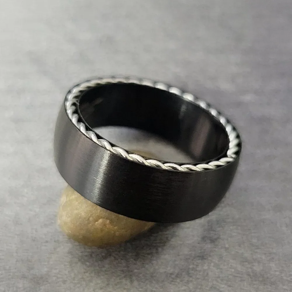 Black Wire Cable Inlay Wedding Band Promise Ring